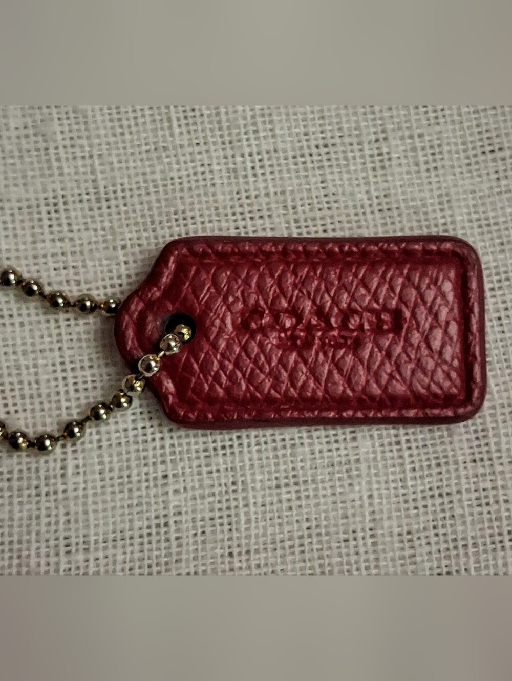 Coach Vintage Textured Leather Tag,  Keychain, Replacement Fob in Deep Red. 1.5"